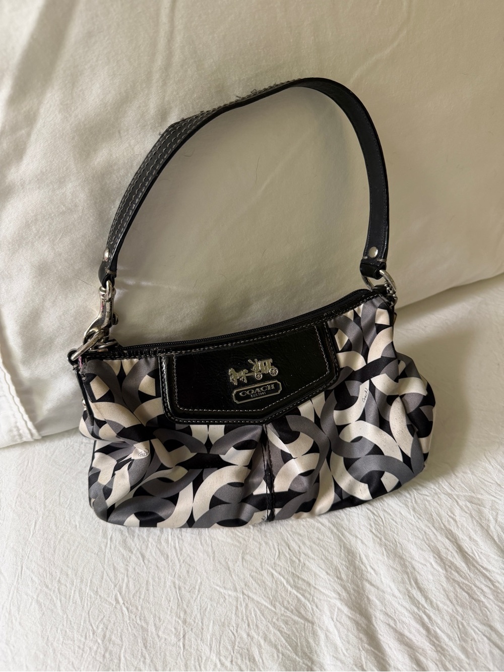 Coach Black and White Signature Crescent Shoulder Bag